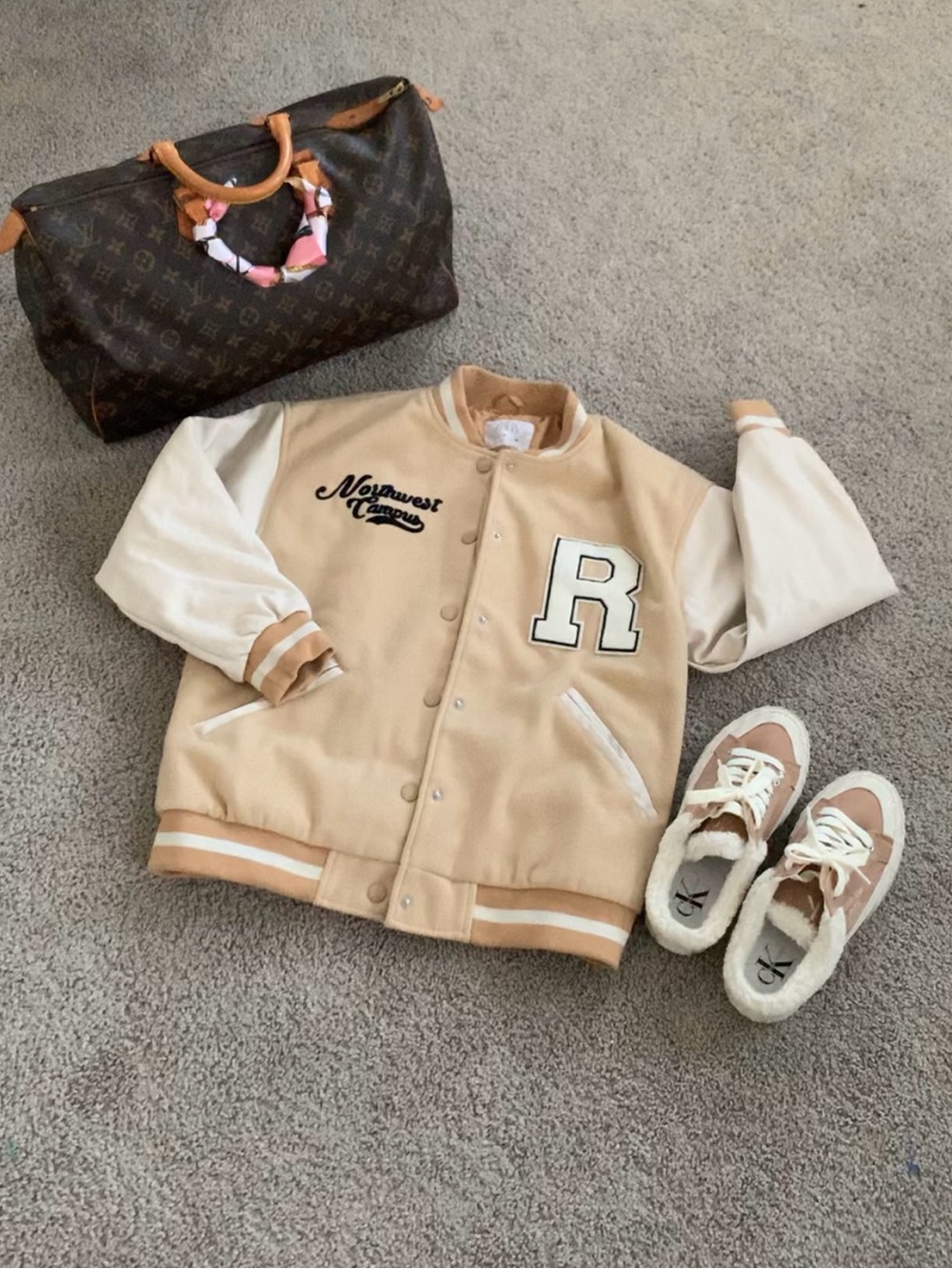 Zara Beige & Cream Varsity Jacket with 'R' Patch